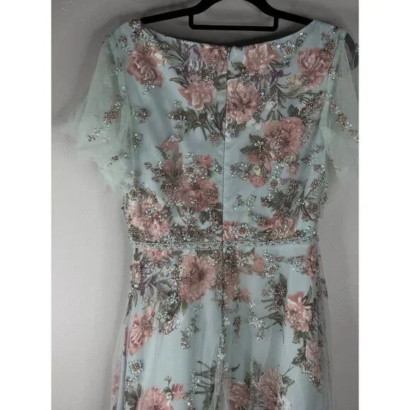 MAC DUGGAL Floral Flutter Sleeve V Neck Maxi Dress Size 8 #70125 Blue Green Pink - Picture 7 of 8